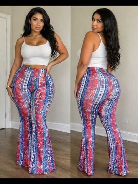 Striped Red & Blue Patterned Flare Pants